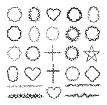 Set Of Monochrome Prickly Frames And Symbols Isolated On White Background.