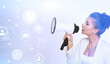 © lenets_tan - Young business woman with megaphone isolated on white background