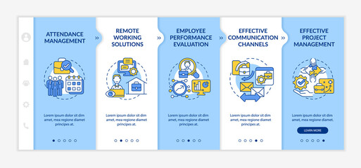 Wall Mural - Employee monitoring advantages onboarding vector template. Responsive mobile website with icons. Web page walkthrough 5 step screens. Work tracking color concept with linear illustrations