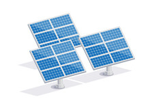 Solar Panels Cells For Electricity Grid. Renewable Electric Solar Power Plant Station. Clean Sustainable Energy Photovoltaic Generation Industry. Isolated Vector Illustration On White Background.