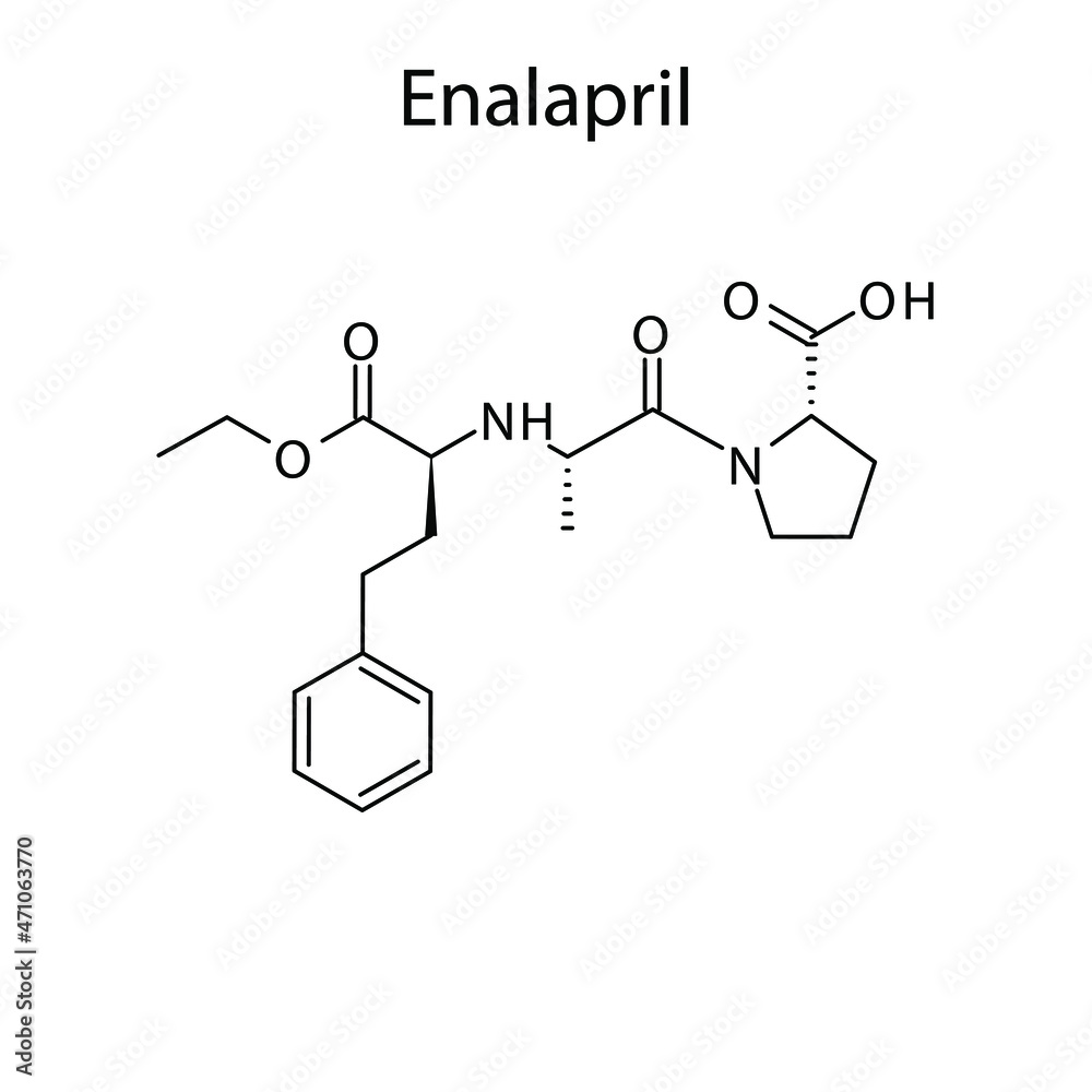 Enalapril molecular structure, flat skeletal chemical formula. ACE ...