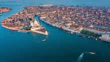Aerial View Of Venice Downtown, View Of The Lagoon At Sunset, Italy.