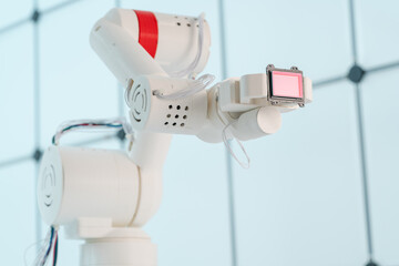 Canvas Print - Robot arm with CCD and CMOS matrix Image sensor in the manipulator. Concept on the topic of artificial vision and pattern recognition