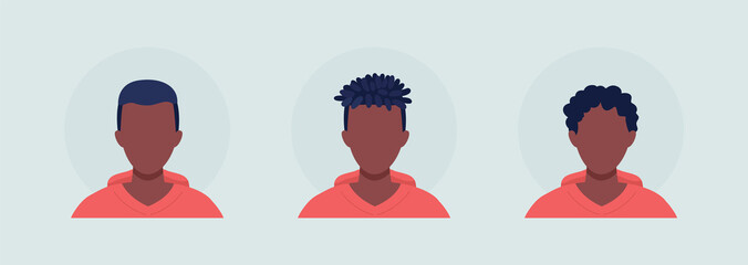 Poster - Teenage guy with three haircuts semi flat color vector character avatar set. Portrait from front view. Isolated modern cartoon style illustration for graphic design and animation pack