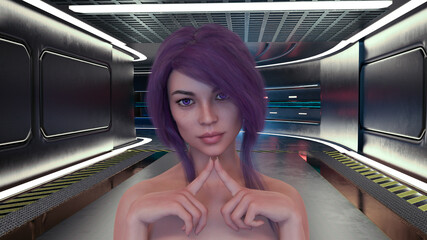 3d illustration of a woman with purple eyes and hair standing in a starship corridor with two finger