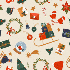 Cute hand drawn Christmas seamless pattern, collection of items, doodle, sketch, great for textiles, wrapping, banners, wallpapers, background - vector design