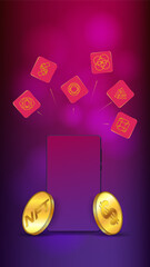 Wall Mural - nft non fungible tokens fly out from cellphone with copy space. golden coins dollars usd and nft lea