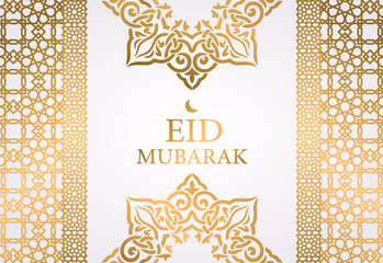 Eid mubarak arabic islamic elegant white and golden luxury ornamental background. Gold arabic ornament greeting card. Golden luxury product label. Web banner, poster, postcard. Icons