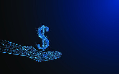 Aufkleber - Abstract hand holding dollar icon. Currency symbol or money concept. Digital low poly wire mesh style design with connection points. Vector illustration.
