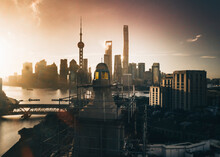 Aerial View Of Shanghai Skyline At Sunrise, Huangpu District, Shanghai, China.