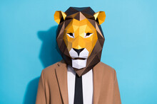 Portrait Of Bizarre Unusual Man Lion Mask Look Incognito Wear Outerwear Isolated Over Blue Color Background
