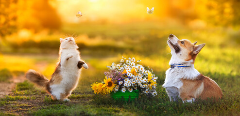 funny puppy dog corgi and fluffy cat catch butterflies in a sunny summer garden next to a bouquet of flowers