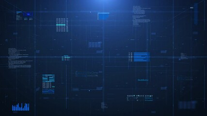 Leinwandbilder - HUD Digital Cyberspace Futuristic Graphic User Interface Telecommunication Information Display.
UI, GUI 3D Depth of Field Technology 4K Motion Screen Background.