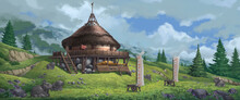 A Digital Illustration Scenery Of The Small Farmer Hut With Ancient Highland Cow Sculptures On A Hill.