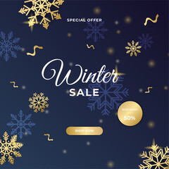 Poster - Merry Christmas winter new year sale cards with frame and golden decorations. Trendy abstract square Winter Holidays art template for social media post, mobile apps, banner design and web/internet ads