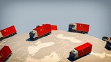 Fototapeta Dmuchawce - Many trucks with the Chinese flag drive around on a globe - Chinese exports concept - new trade routes - 3d-illustration