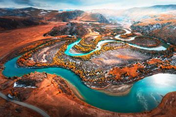 chuya river in altai mountains, siberia, russia. aerial drone panorama. beautiful autumn landscape.
