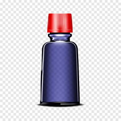 Wall Mural - Clear dark blue glass blank bottle with red screw cap on transparent background. Cosmetic or medical product package