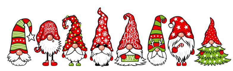 Wall Mural - Christmas Gnomes vector set. Christmas quotes. Cute elf isolated on white.