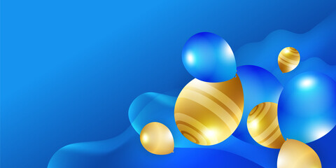 Wall Mural - Modern blue abstract background with blue and gold balloons. Vector abstract graphic design banner pattern background template.