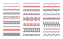 Large Set Of Geometric Line Border Patterns. Seamless Vector Illustration In The Form Of Pixels. Ornament For Embroidery And Textile Elements Of Interior Design. Set Of Horizontal Isolated Borders.