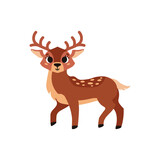 Fototapeta Pokój dzieciecy - Cute brown spotted deer with horns. Forest wild animal. Vector cartoon illustration. Isolated on white background.