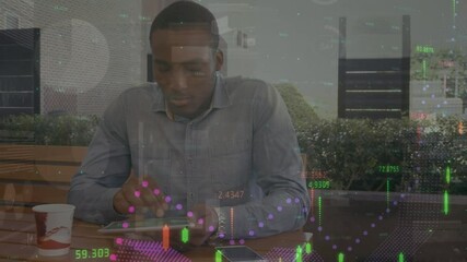 Poster - Animation of statistics processing over businessman using tablet