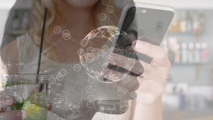 Poster - Animation of cityscape and biracial woman over caucasian businesswoman using smartphone