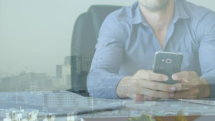 Poster - Animation of cityscape over caucasian businessman using smartphone