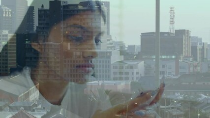 Poster - Animation of cityscape over biracial businesswoman using smartphone