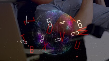 Poster - Animation of globe and letters over caucasian businessman using smartphone