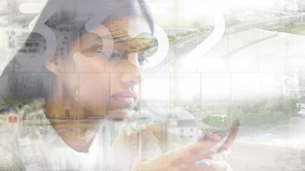 Poster - Animation of cityscape over biracial businesswoman using smartphone