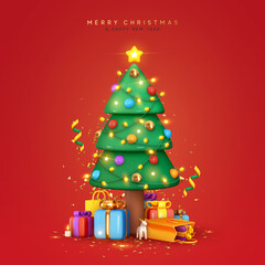 Wall Mural - christmas sparkling bright tree with star. merry christmas and happy new year. realistic 3d design o
