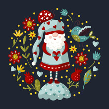 Vector Little Cute Colorful Illustration Of Garden Gnome With Heart, And Bird. Cartoon Elf Kid Illustration For Print. Valentines And Christmas Design. Ornate Summer Drawing