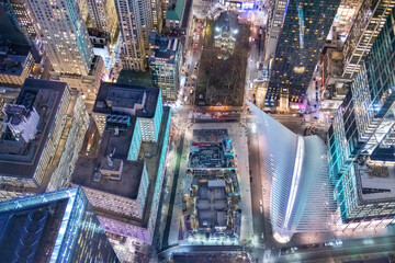 Wall Mural - Overhead night aerial view of Downtown Manhattan buildings from