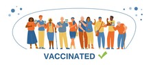 Multiracial People Vaccinated Flat Vector Banner. Young And Senior Men And Women Showing Hands With Patches After Getting Vaccine Shot, Holding Smartphones With Vaccination Certificates.