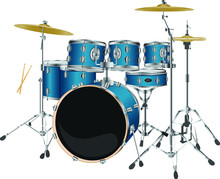 Percussion Musical Instrument. Blue Drums, Stick And Cymbal. Realistic Metallic Drumkit Vector.