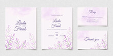 Purple Floral Watercolor Wedding Invitation Card Template. Nature Background With Flower Leaves. Wedding Invite Set. Vector Illustration Design