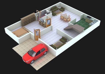 Wall Mural - modern interior on the top view of ground floor private apartment 3d rendering