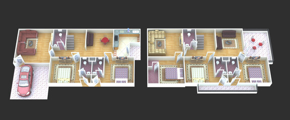 Wall Mural - 3D rendering of house interior of Section plan of apartment ground and first floor.