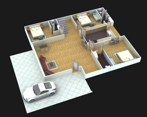 Wall Mural - A 3d, colorful illustration of the modern floor plan with car and furniture on a black background