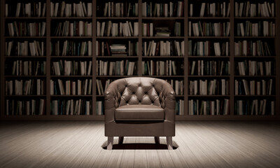 Wall Mural - Leather armchair in the library with old books 3d render 3d illustration