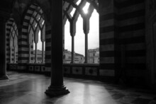 Interior View Of Medieval Roman Catholic Cathedral In The Piazza Del Duomo Amalfi, Amalfi Coast, Province Of Salerno, Campania, Italy. Black And White Image.