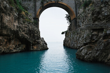 Poster - Fiordo di Furore Bridge and mediterranean sea(Fjord of Furore) ,  an unusual beautiful hidden place in the province of Salerno in  Campania region of south-western Italy