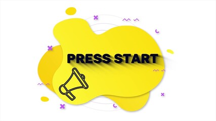 Fototapete - Megaphone with text Press start. Memphis style banner with abstract geometric shapes on yellow background. Banner and outline round elements with megaphone. 4K video motion graphic