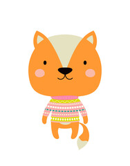  cute fox in sweater isolated, cartoon animals