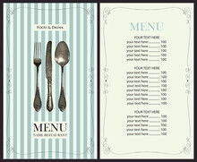 Vector Menu For A Restaurant With Price List And Cutlery In Retro Style. Food And Drink Menu Template Decorated With A Beautiful Old Silverware In A Frame With Curls On A Striped Background