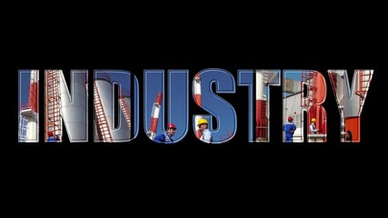 Industry - Animated Text on Black Background. Industrial Media Video Wall. Industrial Production, Development and Growth.