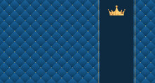Navy Blue Seamless Pattern In Retro Style With A Gold Crown. Can Be Used For Premium Royal Party. Luxury Template With Vintage Leather Texture. Background For King And Little Prince. Invitation Card