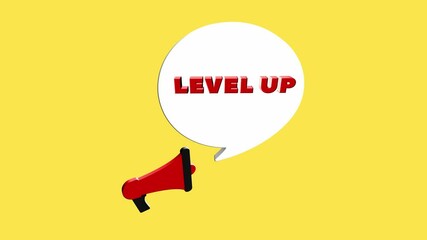 Fototapete - 3d realistic style megaphone icon with text Level up isolated on yellow background. Megaphone with speech bubble and level up text on flat design. 4K video motion graphic